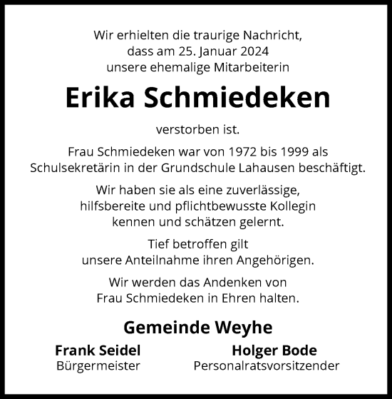 Traueranzeige von Erika Schmiedeken von SYK