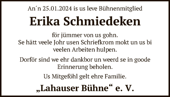Traueranzeige von Erika Schmiedeken von SYK