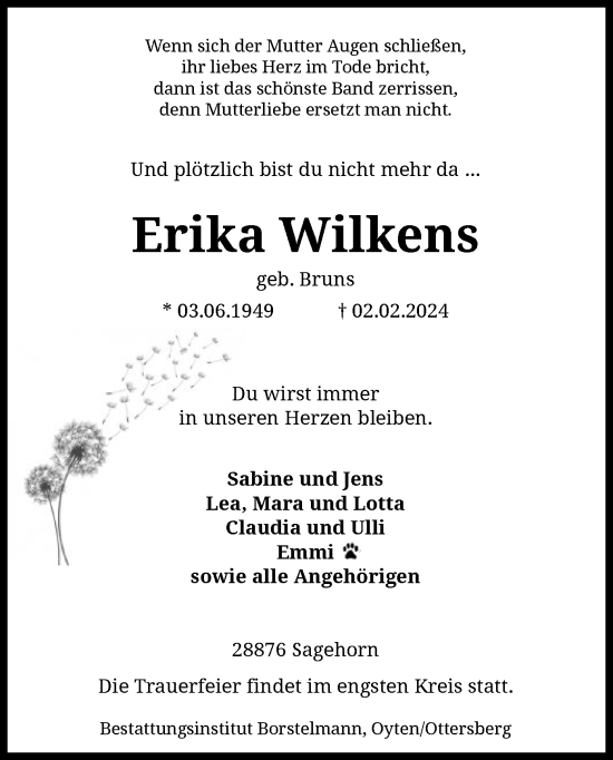 Traueranzeige von Erika Wilkens von SYK