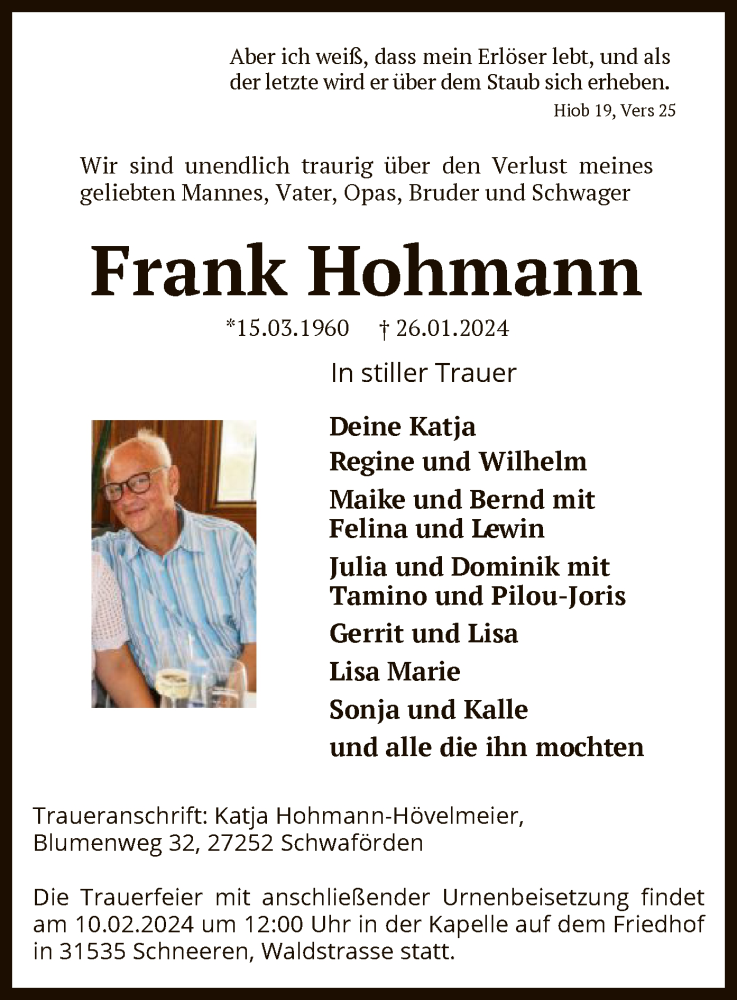  Traueranzeige für Frank Hohmann vom 03.02.2024 aus SYK