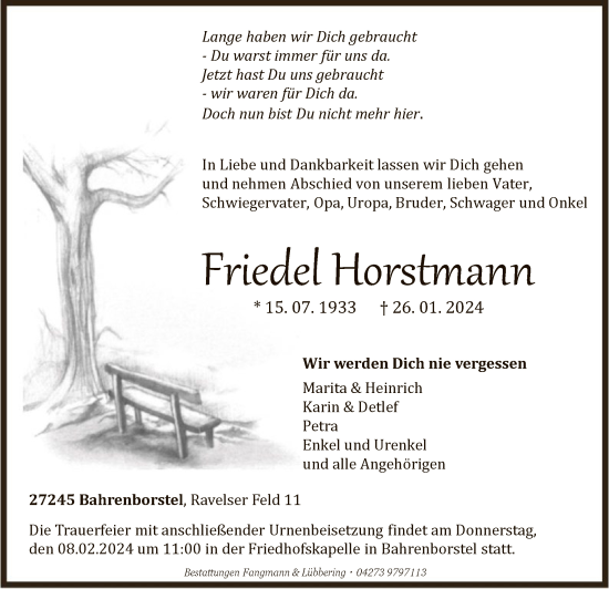 Traueranzeige von Friedel Horstmann von SYK