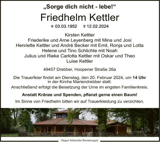 Traueranzeige von Friedhelm Kettler von SYK