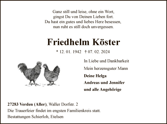 Traueranzeige von Friedhelm Köster von SYK
