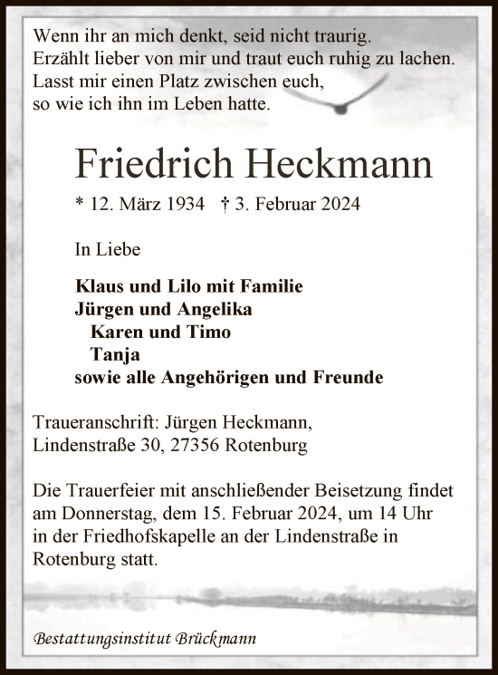 Traueranzeige von Friedrich Heckmann von SYK