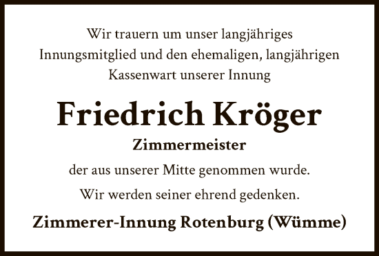 Traueranzeige von Friedrich Kröger von SYK