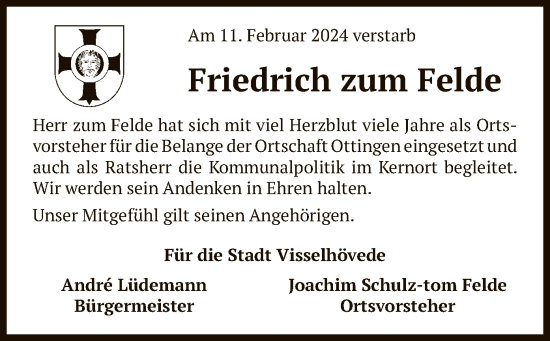 Traueranzeige von Friedrich zum Felde von SYK