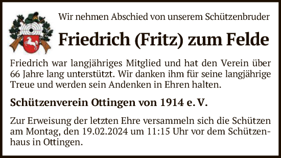 Traueranzeige von Friedrich zum Felde von SYK