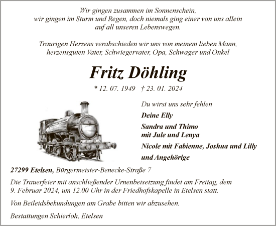 Traueranzeige von Fritz Döhling von SYK