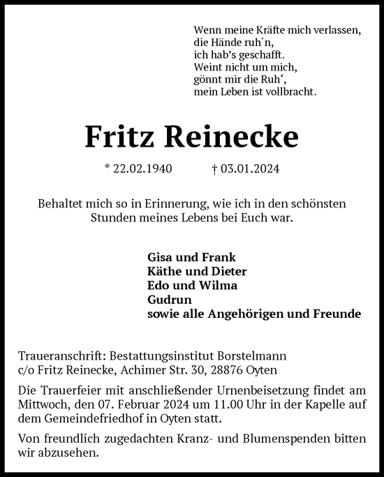 Traueranzeige von Fritz Reinecke von SYK