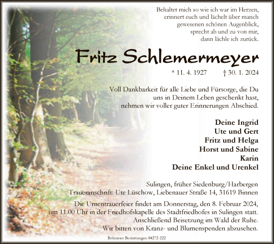 Traueranzeige von Fritz Schlemermeyer von SYK