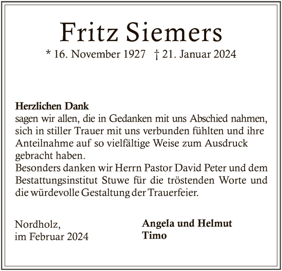 Traueranzeige von Fritz Siemers von SYK