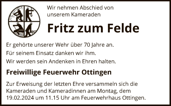 Traueranzeige von Fritz zum Felde von SYK