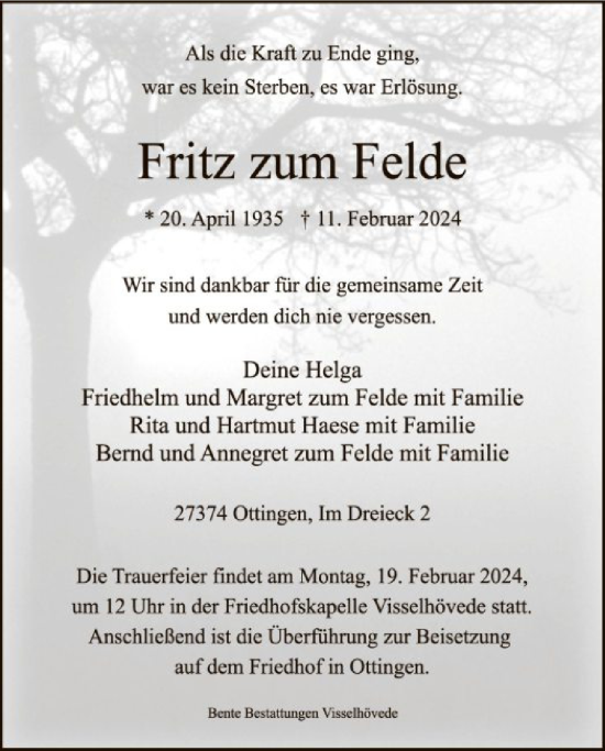 Traueranzeige von Fritz zum Felde von SYK