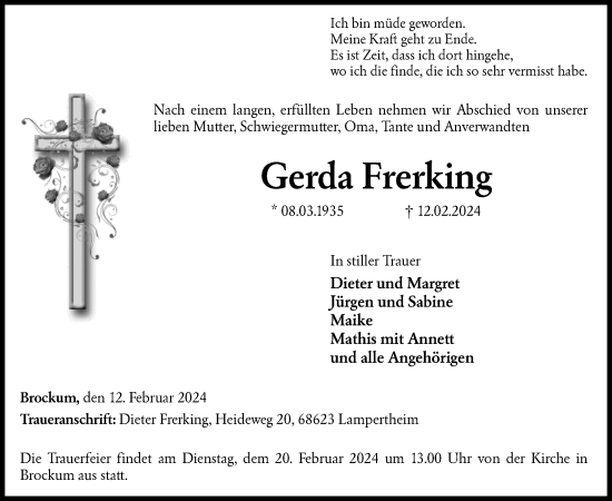 Traueranzeige von Gerda Frerking von SYK
