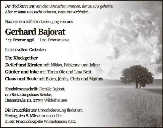 Traueranzeige von Gerhard Bajorat von SYK