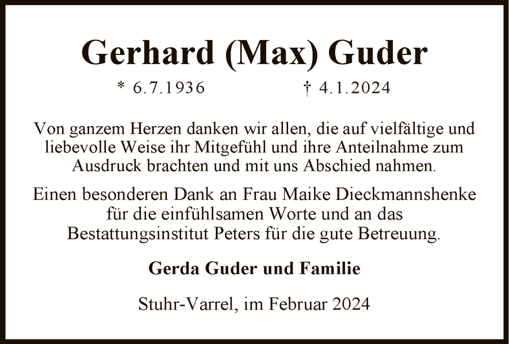  Traueranzeige für Gerhard Guder vom 17.02.2024 aus SYK
