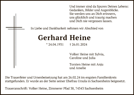 Traueranzeige von Gerhard Heine von SYK