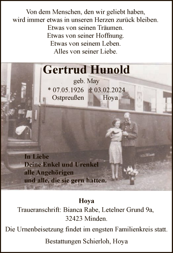 Traueranzeige von Gertrud Hunold von SYK