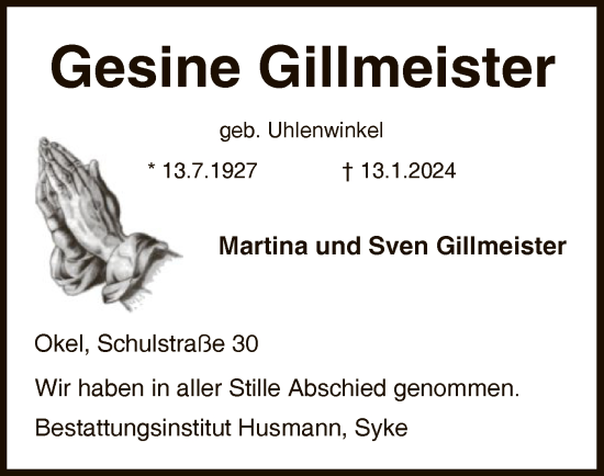 Traueranzeige von Gesine Gillmeister