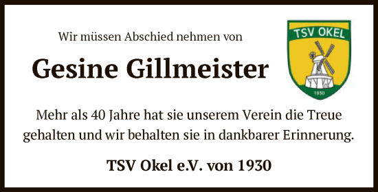 Traueranzeige von Gesine Gillmeister