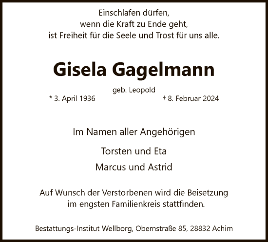 Traueranzeige von Gisela Gagelmann von SYK