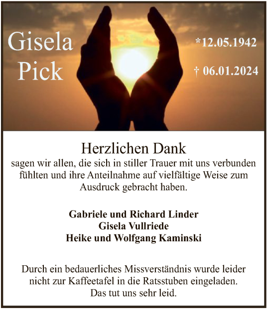 Traueranzeige von Gisela Pick von SYK