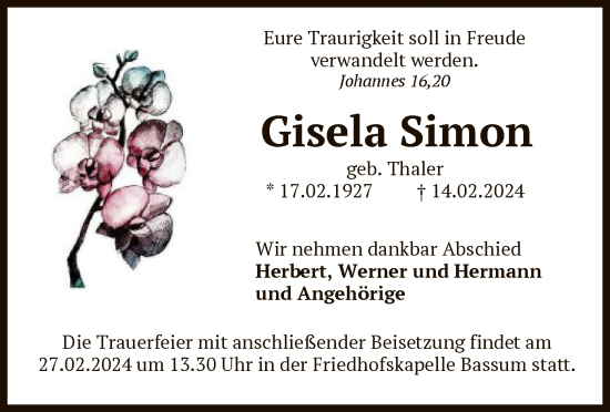 Traueranzeige von Gisela Simon von SYK