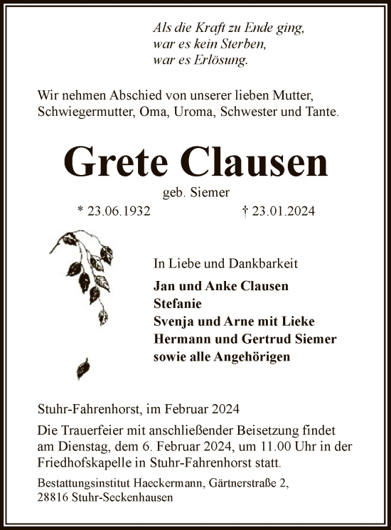 Traueranzeige von Grete Clausen von SYK