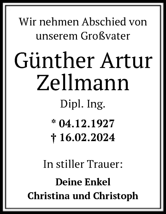 Traueranzeige von Günther Artur Zellmann von SYK