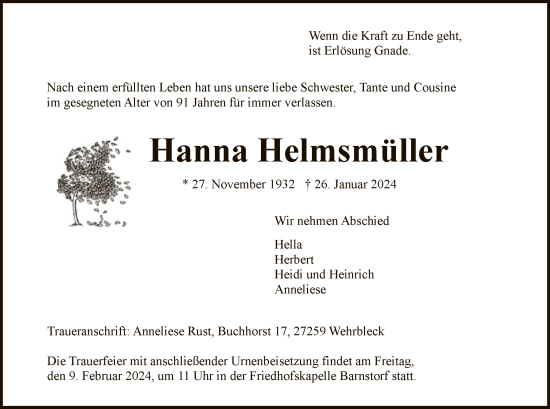 Traueranzeige von Hanna Helmsmüller von SYK