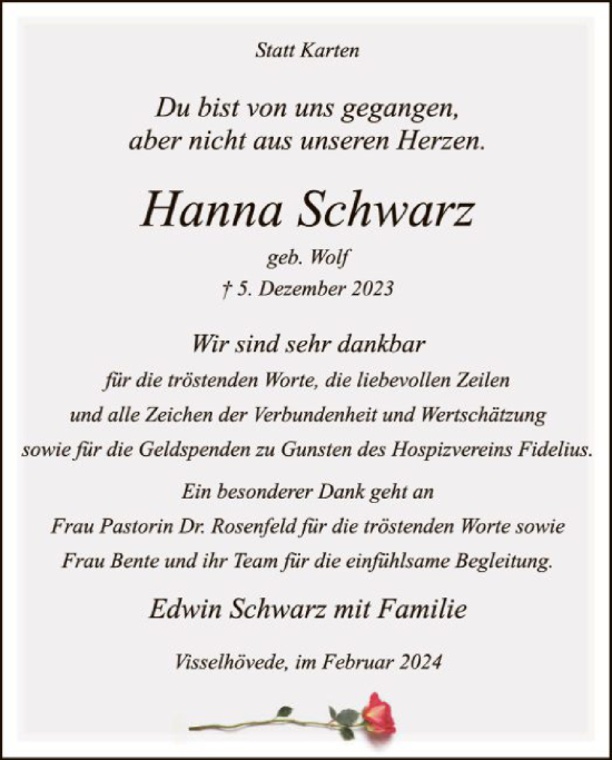 Traueranzeige von Hanna Schwarz von SYK