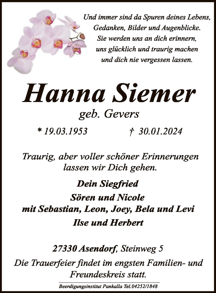  Traueranzeige für Hanna Siemer vom 03.02.2024 aus SYK