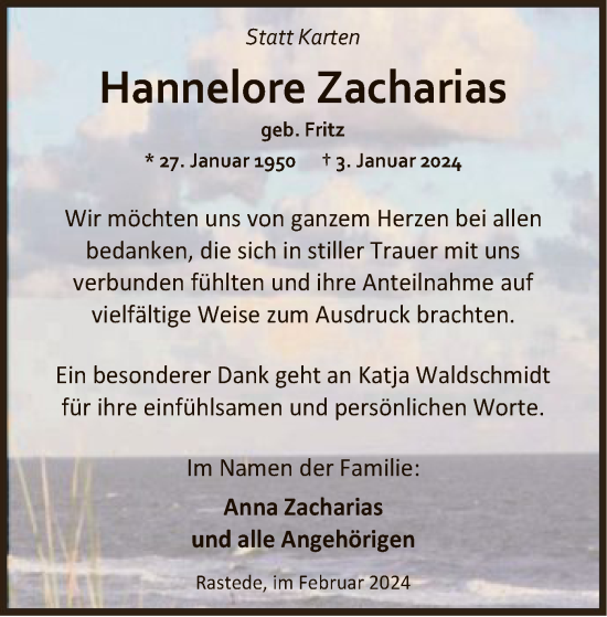 Traueranzeige von Hannelore Zacharias von SYK