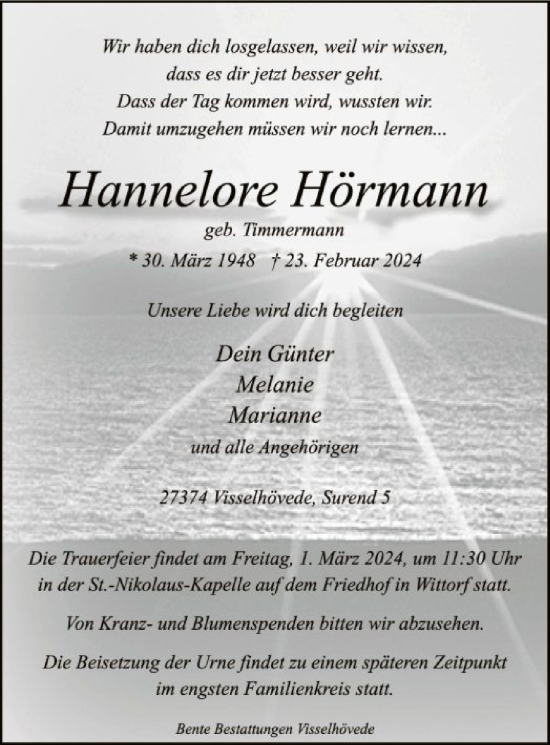 Traueranzeige von Hannleore Hörmann von SYK