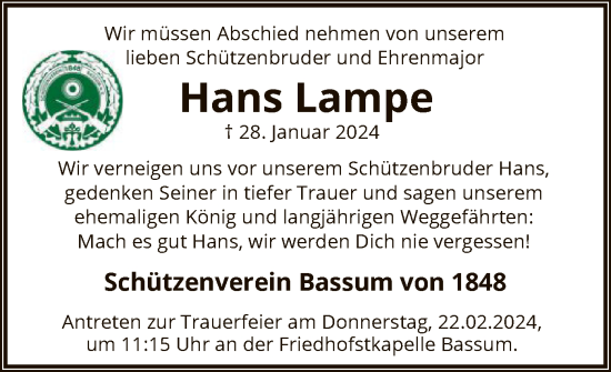 Traueranzeige von Hans Lampe von SYK