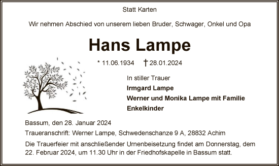 Traueranzeige von Hans Lampe von SYK