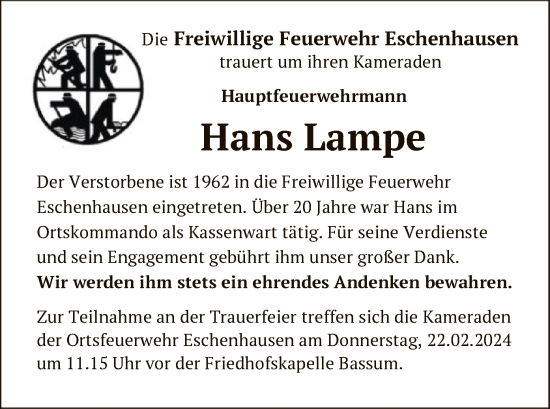 Traueranzeige von Hans Lampe von SYK
