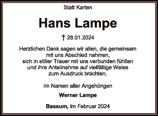 Traueranzeige von Hans Lampe von SYK