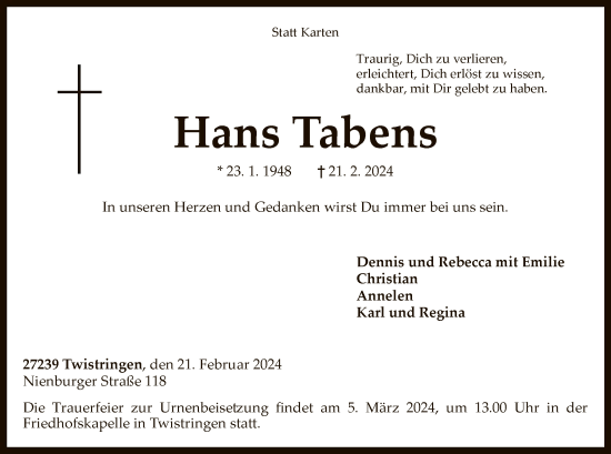 Traueranzeige von Hans Tabens von SYK