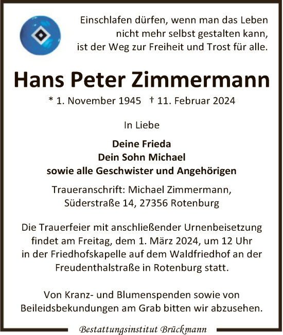 Traueranzeige von Hans Peter Zimmermann von SYK