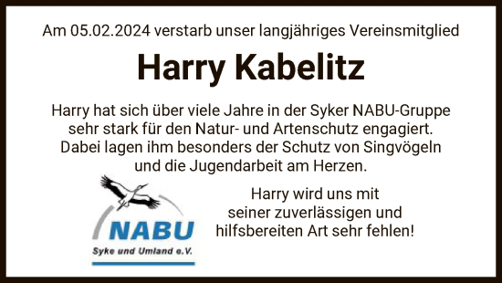 Traueranzeige von Harry Kabelitz von SYK