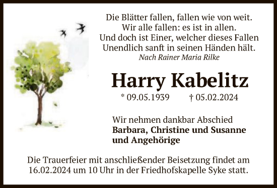Traueranzeige von Harry Kabelitz von SYK