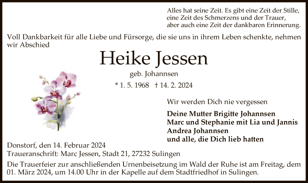  Traueranzeige für Heike Jessen vom 21.02.2024 aus SYK