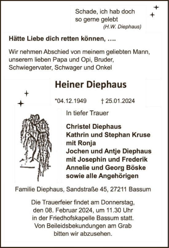 Traueranzeige von Heiner Diephaus von SYK