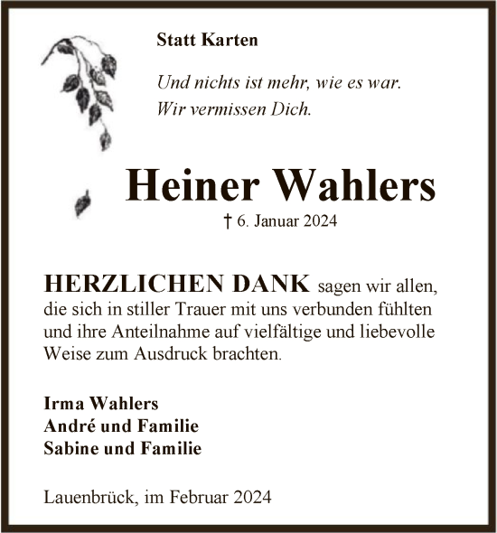 Traueranzeige von Heiner Wahlers von SYK