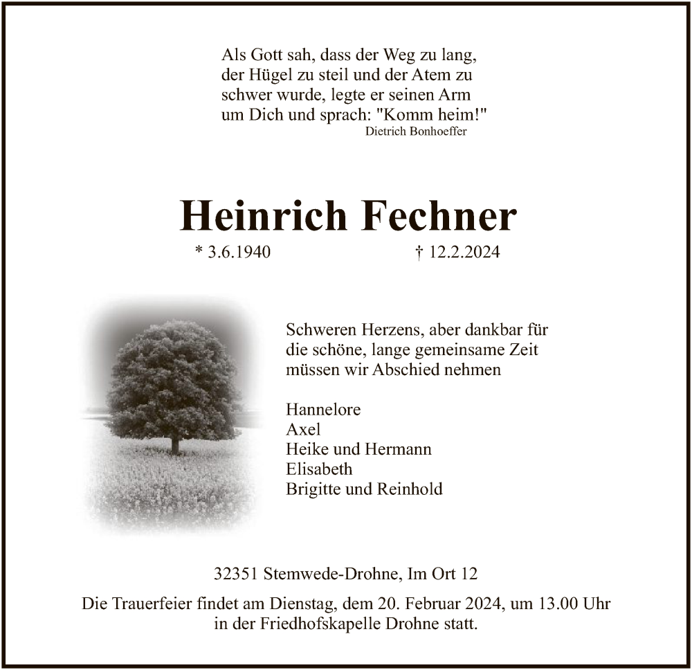  Traueranzeige für Heinrich Fechner vom 15.02.2024 aus SYK