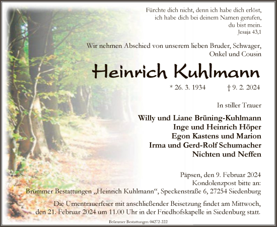 Traueranzeige von Heinrich  Kuhlmann von SYK