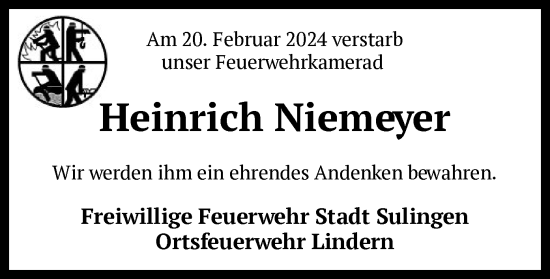 Traueranzeige von Heinrich Niemeyer von SYK