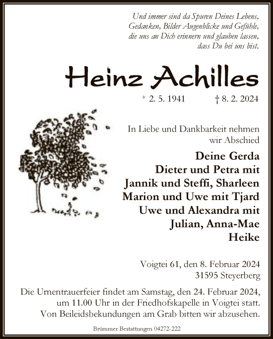 Traueranzeige von Heinz Achilles von SYK