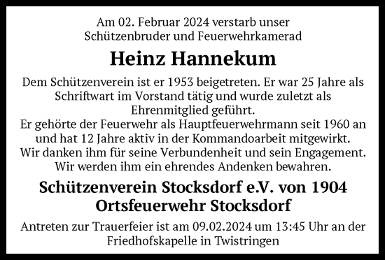 Traueranzeige von Heinz Hannekum von SYK